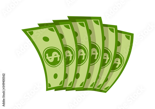 Six bills folded in fan flat cartoon money. Pile of dollar cash, green banknotes, bank currency sign. Pay wage dollar fan. Banking finance investment, green paper bills. Isolated vector illustration