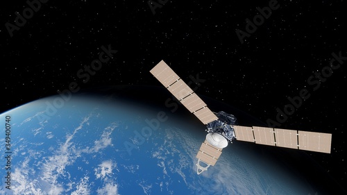 realistic satellite in orbit of the Earth, artificial satellite of telecommunications, satellite communications from Earth orbit, probe in Earth orbit 3d render