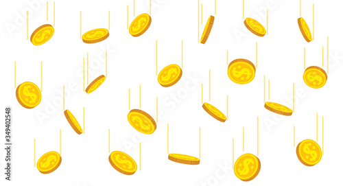 Coins in motion, flat cartoon style. Golden coins rain. Bank currency shining sign flying in air. Hundreds cash different positions. Isolated vector illustration
