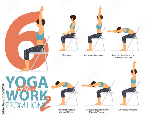 Infographic of 6 Yoga poses for office syndrome when working at home in flat design. Beauty woman is exercise for strength on office chair. Set of yoga postures infographic . Flat character vector.