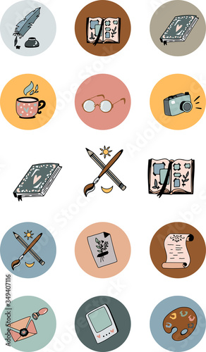 Vector blogger icons with different elements .A set of colorful design templates for icons and emblems-the highlight of the history of social networks. Icons for artists and writers .