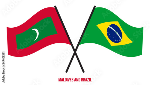 Maldives and Brazil Flags Crossed And Waving Flat Style. Official Proportion. Correct Colors