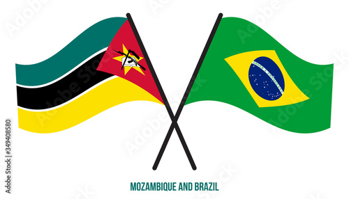 Mozambique and Brazil Flags Crossed And Waving Flat Style. Official Proportion. Correct Colors