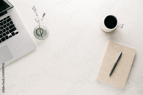 Minimal Lifestyle Workspace Flatlay with Notebook, Coffee, Pen,  Vase