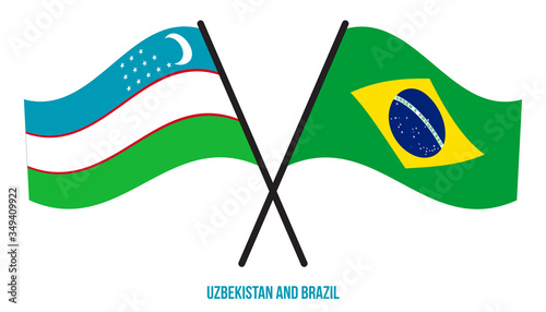 Uzbekistan and Brazil Flags Crossed And Waving Flat Style. Official Proportion. Correct Colors