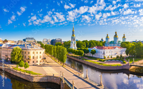 View of Saint Petersburg on a Sunny summer day. Russia. The architectural ensemble of the St. Nicholas naval Cathedral. Rivers Of St. Petersburg. Churches Of St. Petersburg. Orthodox church.