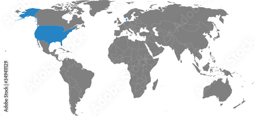 Denmark, USA countries isolated on world map. Light gray background. Business concepts, diplomatic, trade and transport relations.