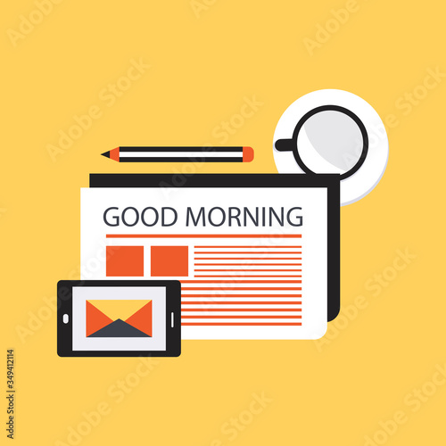 Modern morning. Newspaper, pencil and coffee. icon news. Morning business elements