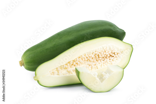 green papaya with slice and half isolated on white backgrond photo