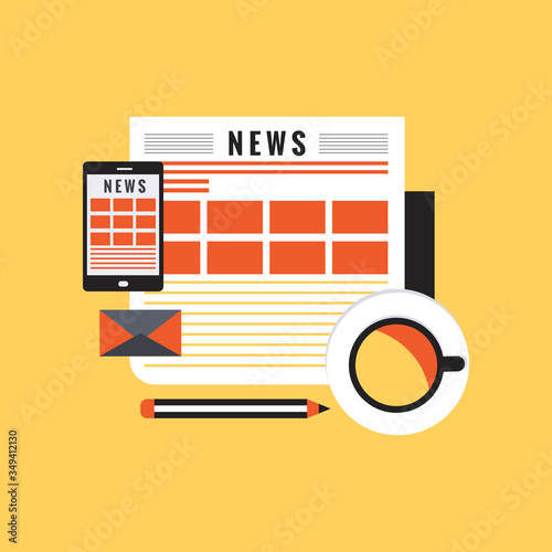 Modern morning. Newspaper, pencil and coffee. icon news. Morning business elements