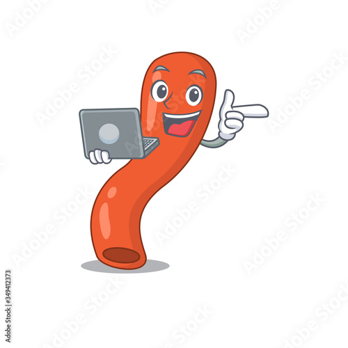 Smart cartoon character of appendix studying at home with a laptop