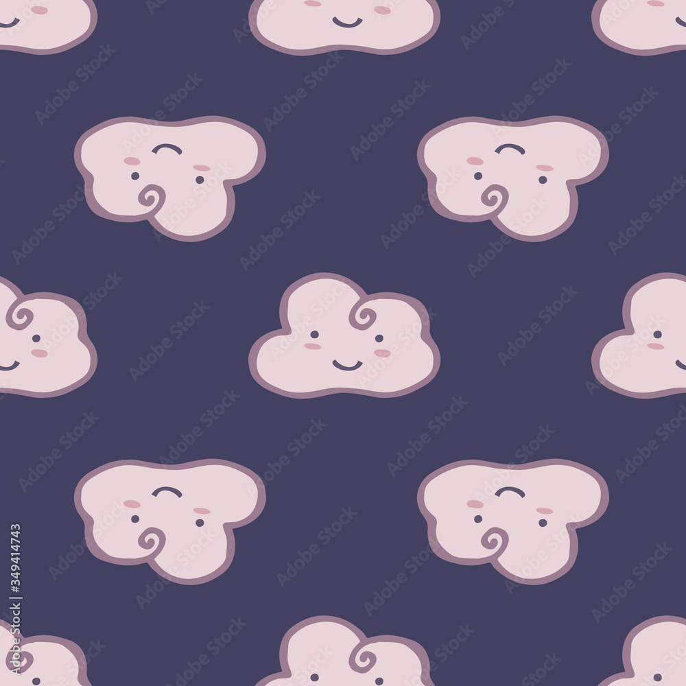 Cloud in nigth sky seamless pattern. Hand drawn character sleeping cloudy wallpaper. Design for baby fabric, textile print, wrapping paper, cover, packing. Vector illustration.