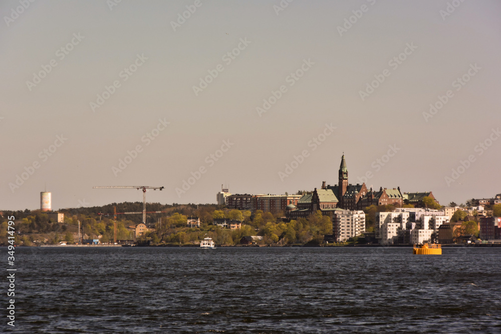 北欧、ストックホルム、港町の風景。Beautiful aerial view of Stockholm old town from sea, Sweden