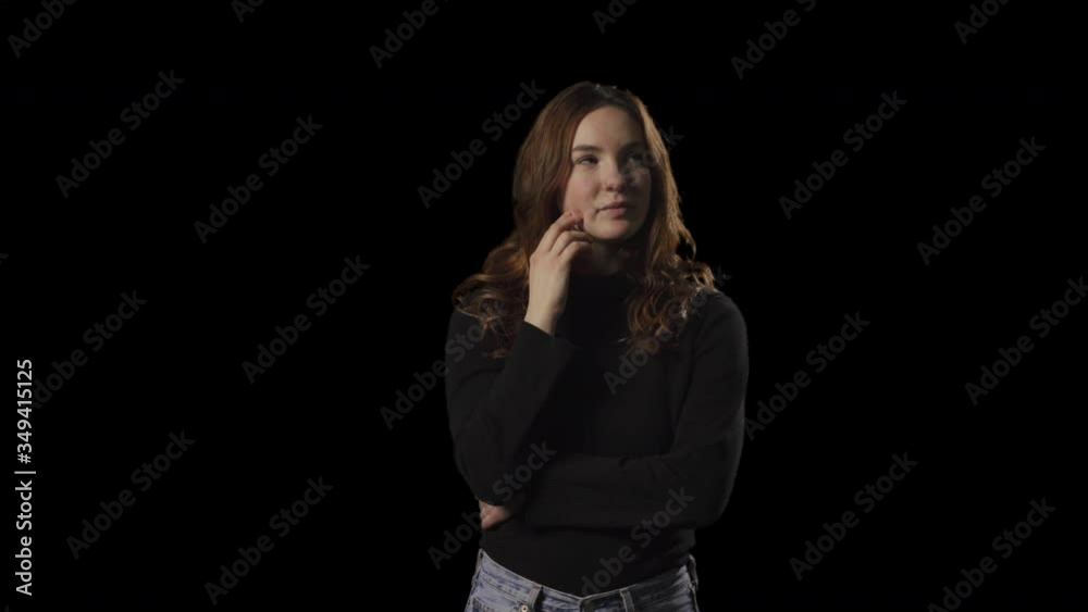Pretty caucasian woman thinking with hand on chin. Transparent isolated alpha channel background. Pretty caucasian woman thinking with hand on chin. Transparent isolated alpha channel background.