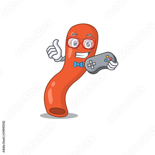 Mascot design style of appendix gamer playing with controller