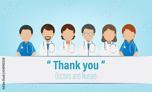 Thank you label with set of doctor and nurses flat design vector illustration