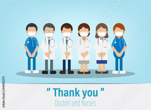 Thank you label with set of doctor and nurses flat design vector illustration