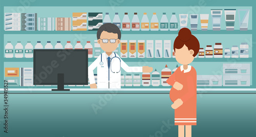 Pharmacy with pharmacist and pregnant customer flat design vector illustration
