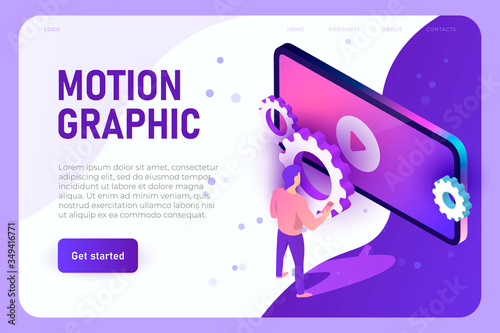 Motion graphic design process isometric illustration with motion designer and big isometric smartphone with play button on the middle.
