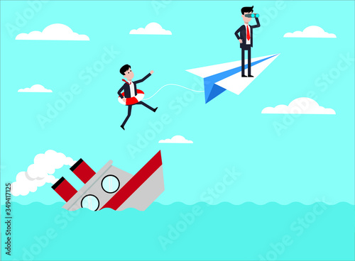 Business bankruptcy flat design vector concept: Businessman looking to the future flying with a paper plane saving another businessman in a sinking ship