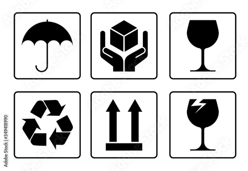 set of packaging symbols for goods. Keep dry, brittle, recycle. Isolated vector on white background