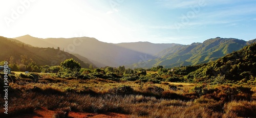 Great Landscape with atmospheric light near Abel Tasman National Park in New Zealand