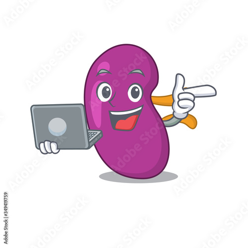Smart cartoon character of kidney studying at home with a laptop
