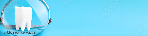 Dental model and dental equipment on blue background  concept image of dental background. panoramic banner with copy space