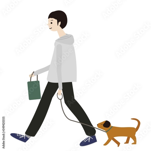 男性、犬、散歩、白バック、ウォーキング、健康管理、健康、ベクター、イラスト、パーカー、カジュアル
