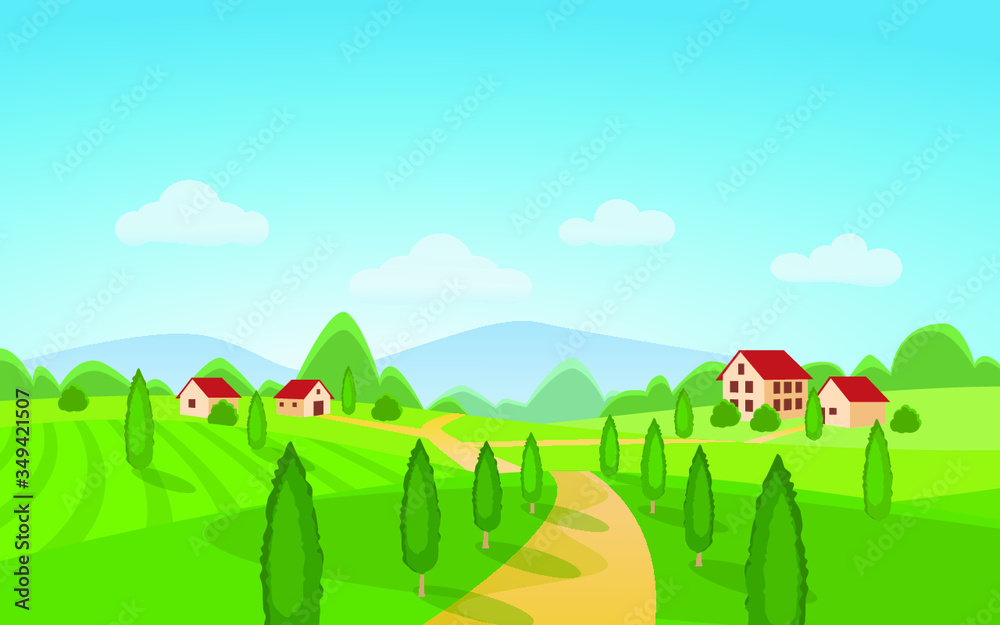 countryside landscape with trees and mountains