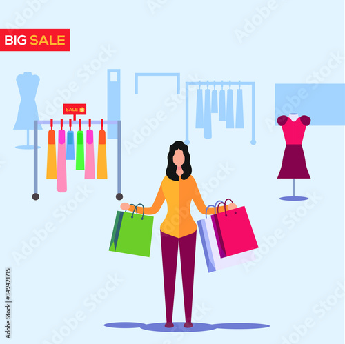 Sale vector concept: female figure carrying shopping bags in a clothing retail store