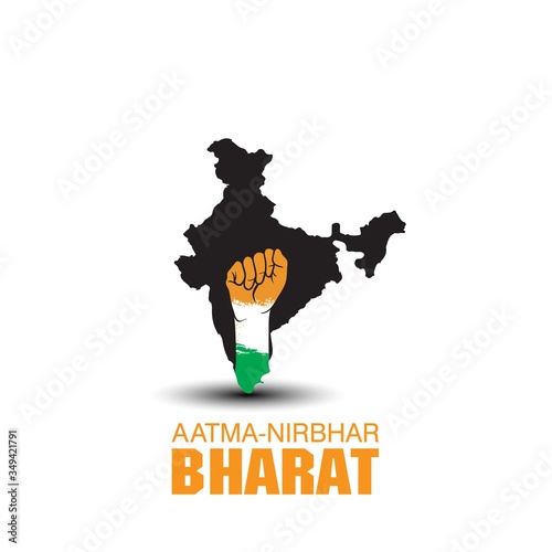 VECTOR ILLUSTRATION FOR SELF DEPENDENT INDIA,WITH HINDI TEXT AATMA NIRBHAR BHARAT MEANS SELF DEPENDENT INDIA, ILLUSTRATION IS SHOWING INDIAN MAP WITH UNITY HANDS ON INDIAN FLAG BACKGROUND