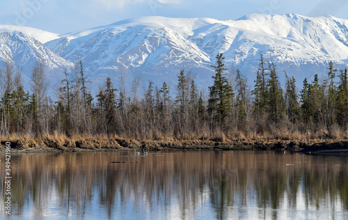Snowy Alaska scenic landscape with lake and mountains