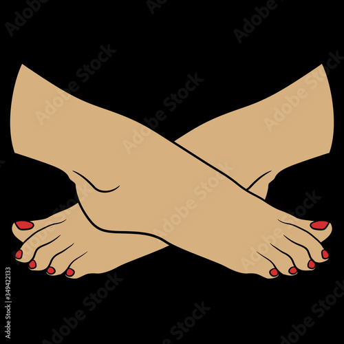 Isolated vector illustration. Two beautiful crossed female feet with red nail polish on toes. Cartoon style.