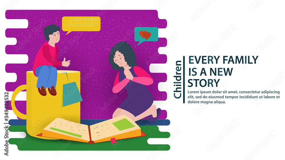 A boy is sitting on a large mug next to a mother and a parent on their knees reading a book together a concept for designing banners and websites and postcards vector flat illustration A boy is sitting on a large mug next to a mother and a parent on their knees reading a book together a concept for designing banners and websites and postcards vector flat illustration