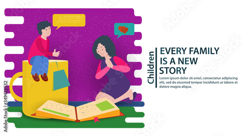 A boy is sitting on a large mug next to a mother and a parent on their knees reading a book together a concept for designing banners and websites and postcards vector flat illustration
