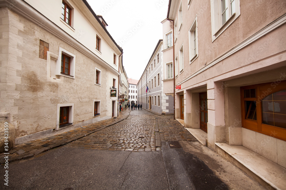 Narrow empty historical streets in winter, in the old town Bratislava, Slovakia