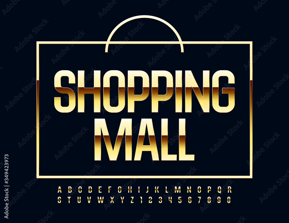 Vector Golden bag with text Shopping Mall. Elegant shiny Font. Luxury Alphabet Letters and Numbers