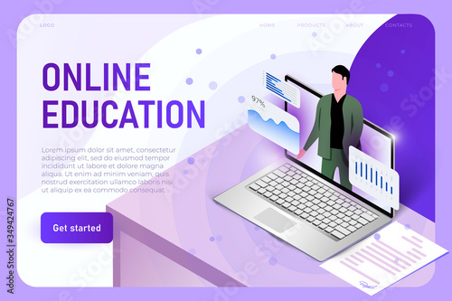 Online educations illustration concept, landing page template. Man on laptop screen leads an online lesson