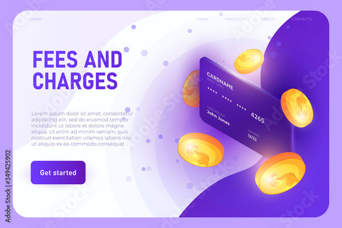 fees and charges illustration concept, landing page template. Banking card with 3d model of coins
