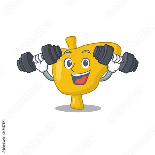 Liver mascot design feels happy lift up barbells during exercise