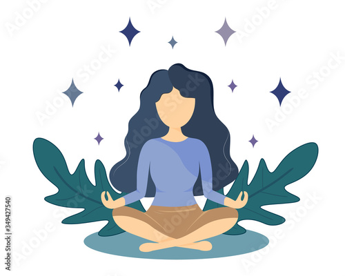Woman practices meditating, isolated on white background. Concentration and recreation concept. Relax for good mental health, work life balance. flat cartoon vector design.