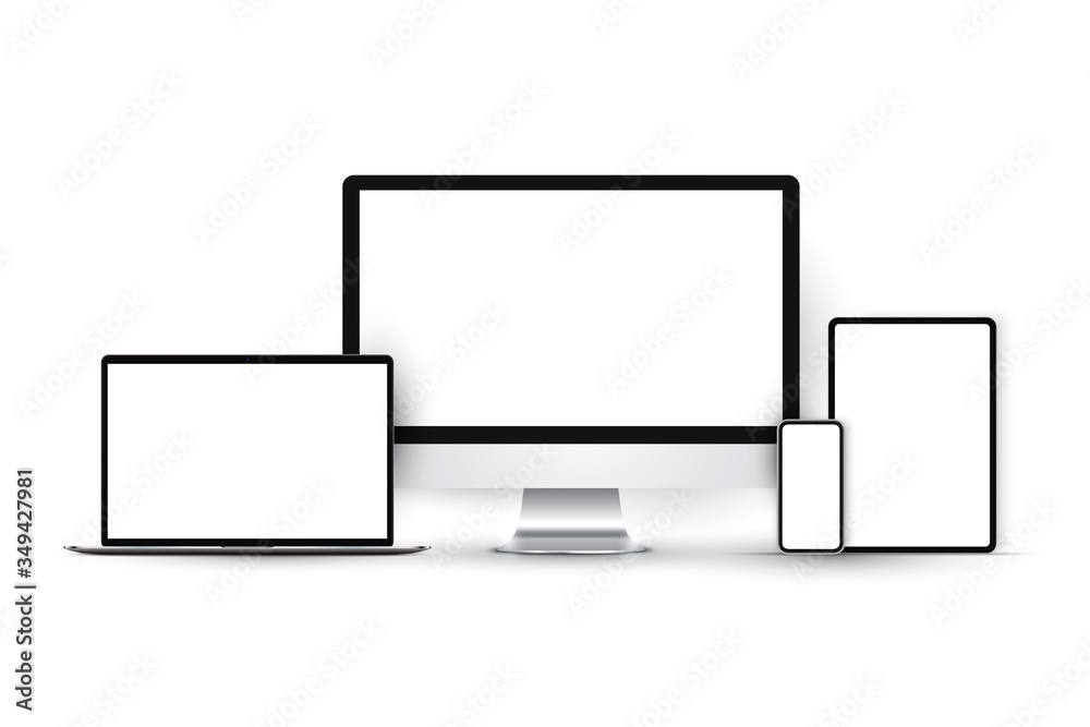 Device mockup set with monitor, laptop, tablet and smartphone. 3d realistic high-detailed technology devices set,