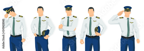 Set of airplane pilot in modern style vector illustration, man simple flat shadow isolated on white background, captain.