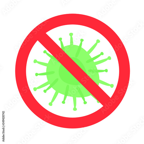 No virus icon on white background. Green virus in red stop defence circle.