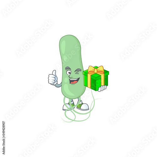 Happy smiley aquificae cartoon mascot design with a gift box