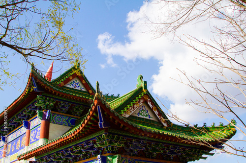 Roof of Chinese temple pavilion architecture and sky