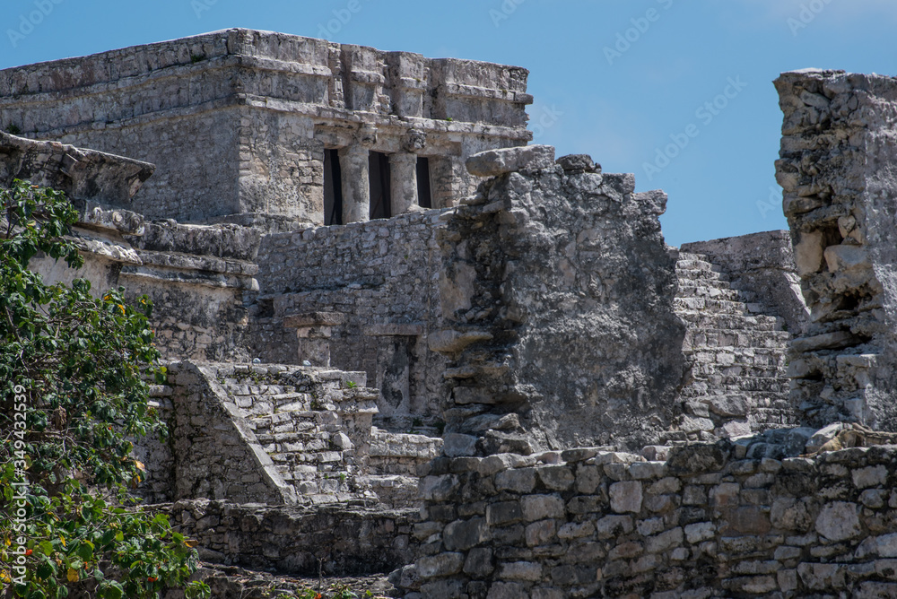 View of Tulum, Mayan culture prehispanic ruins, archaeological site in Mexico