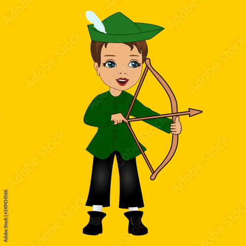 Robin Hood shooting arrow from bow, classic folk character wearing medieval English hat,famous thug that lived in Sherwood forest of Nottinghamshire during dark ages of England