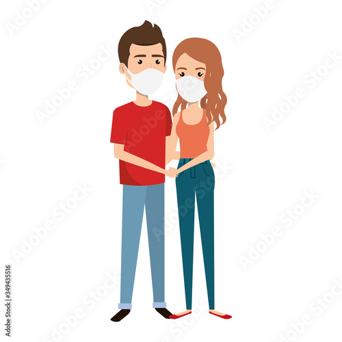 young couple using face mask isolated icon vector illustration design